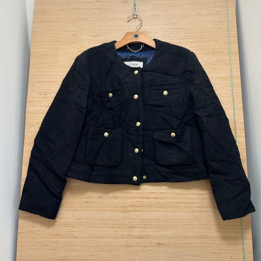 J.Crew Collection Black Wool Lady Jacket Gold Crest Button Cropped Blazer 10